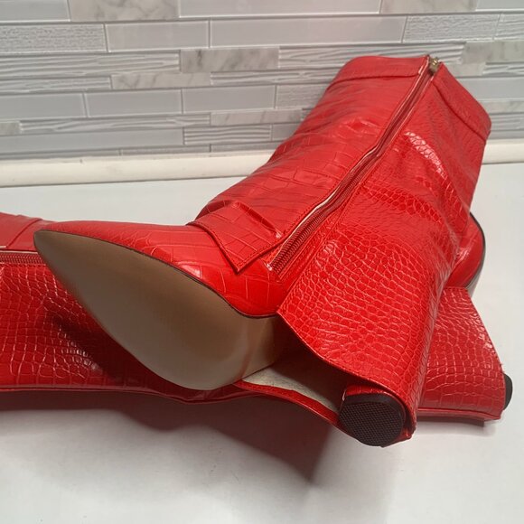 Women Faux Leather Knee High Boots Fold Over Pointed Toe Gold Hardware - Picture 7 of 8